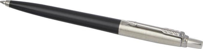 Penna Parker Jotter nera con parte superiore e clip in acciaio, vista di lato su fondo bianco