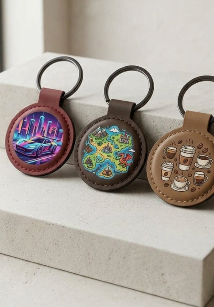 Tre portachiavi rotondi in ecopelle stampati a colori con grafiche diverse, con anello in metallo