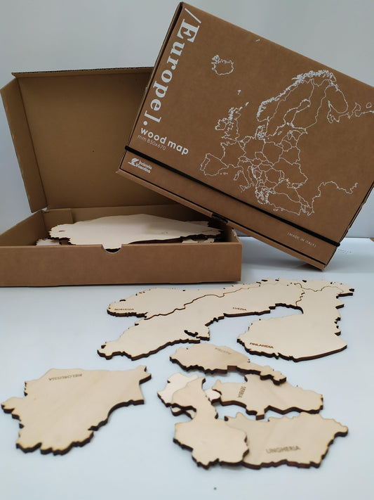 Puzzle Europa. Ricostruisci il puzzle dell'Europa in meno di 10 minuti. Divertimento assicurato. Per grandi e piccini. Impara la geografia divertendoti. Prodotto 100% made in Italy. 100% Vero legno. Prodotto artigianale.